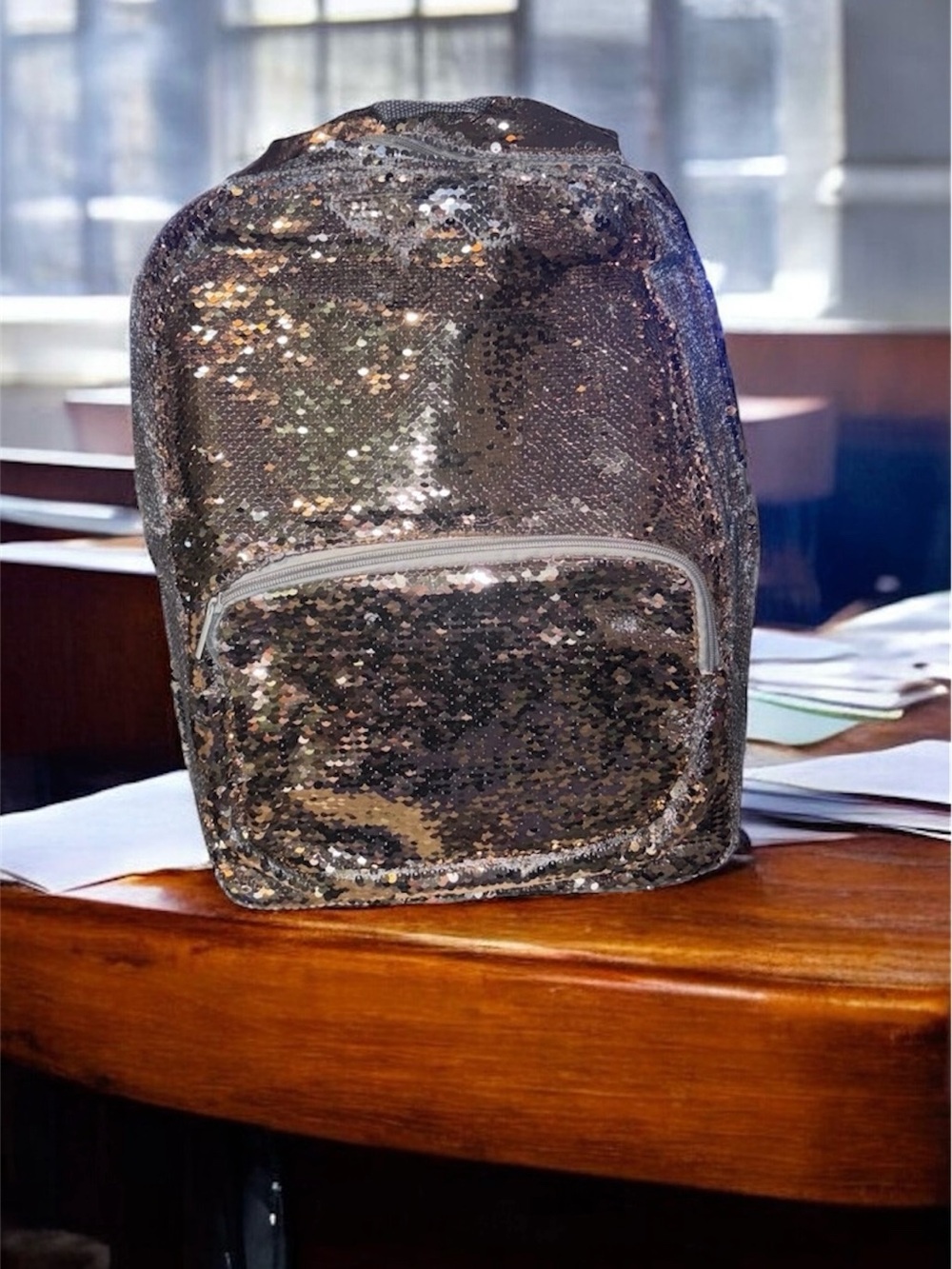 Gold Silver & Gray Two 2 tone Girls Sequin Backpack School Bag